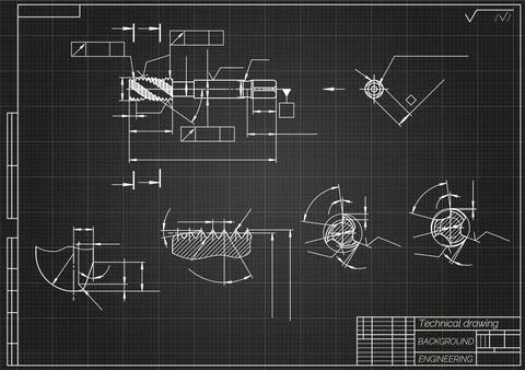 Mechanical engineering drawings on light background. Tap tools, borer. Technical Stock Illustration