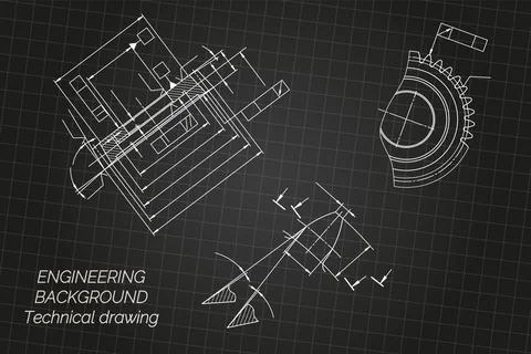 Mechanical engineering drawings on light background. Gear cutting tool Stock Illustration