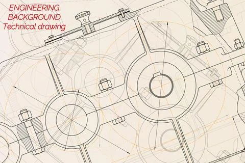 Mechanical engineering drawings on light background. Reducer. Technical Desig Stock Illustration