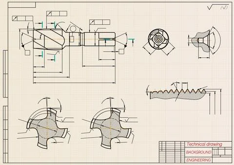 Mechanical engineering drawings on sepia background. Tap tools, borer. Tech.. Stock Illustration
