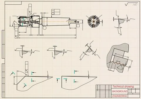 Mechanical engineering drawings on sepia background. Tap tools, borer. Technical Illustrazione stock
