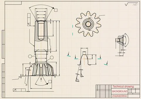 Mechanical engineering drawings on sepia background. Tap tools, borer. Technical Stock Illustration