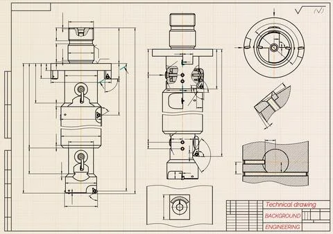 Mechanical engineering drawings on sepia background. Tap tools, borer. Technical Stock Illustration