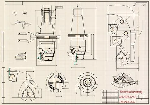 Mechanical engineering drawings on sepia background. Tap tools, borer. Technical Stock Illustration
