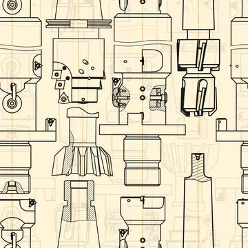 Mechanical engineering drawings on sepia background. Tap tools, borer. Technical Stock Illustration