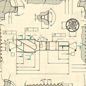 Mechanical engineering drawings on sepia background. Tap tools, borer. Technical Stock Illustration