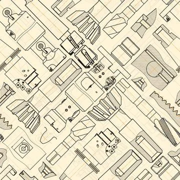 Mechanical engineering drawings on sepia background. Tap tools, borer. Technical Stock Illustration