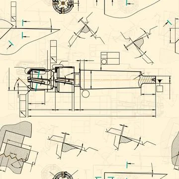 Mechanical engineering drawings on sepia background. Tap tools, borer. Technical Stock Illustration