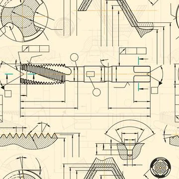 Mechanical engineering drawings on sepia background. Tap tools, borer. Technical Stock Illustration