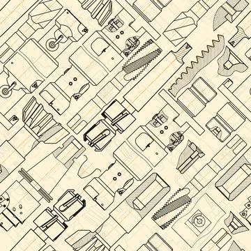 Mechanical engineering drawings on sepia background. Tap tools, borer. Technical Stock Illustration