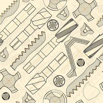 Mechanical engineering drawings on sepia background. Tap tools, borer. Technical Illustrazione stock