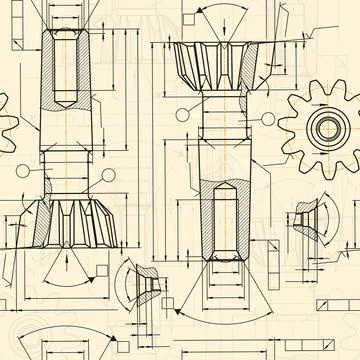 Mechanical engineering drawings on sepia background. Tap tools, borer. Technical Stock Illustration