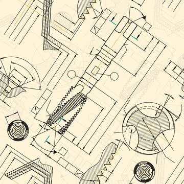 Mechanical engineering drawings on sepia background. Tap tools, borer. Technical Illustrazione stock