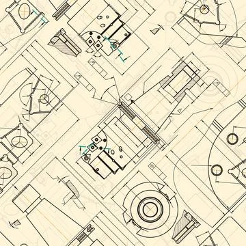 Mechanical engineering drawings on sepia background. Tap tools, borer. Technical Stock Illustration