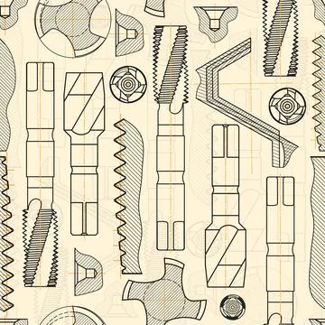 Mechanical engineering drawings on sepia background. Tap tools, borer. Technical Stock Illustration