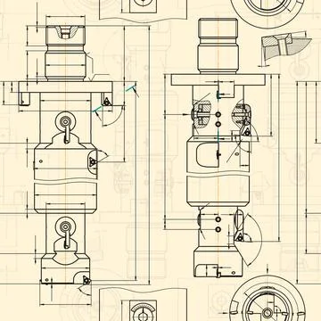 Mechanical engineering drawings on sepia background. Tap tools, borer. Technical Illustrazione stock