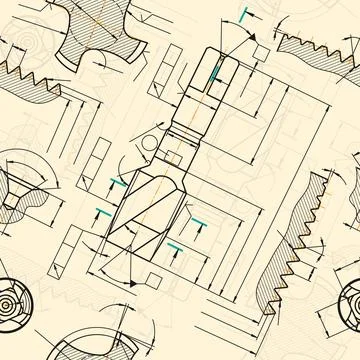 Mechanical engineering drawings on sepia background. Tap tools, borer. Technical Stock Illustration