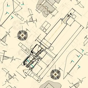 Mechanical engineering drawings on sepia background. Tap tools, borer. Technical Stock Illustration
