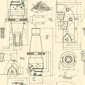 Mechanical engineering drawings on sepia background. Tap tools, borer. Technical Illustrazione stock