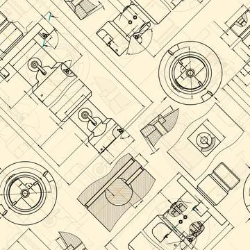 Mechanical engineering drawings on sepia background. Tap tools, borer. Technical Stock Illustration