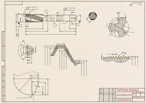 Mechanical engineering drawings on sepia background. Tap tools, borer. Technical Illustrazione stock