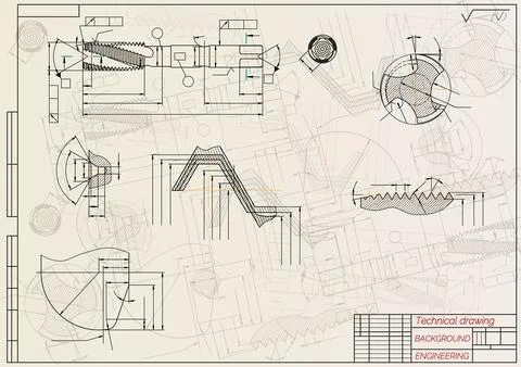 Mechanical engineering drawings on sepia background. Tap tools, borer. Technical Stock Illustration