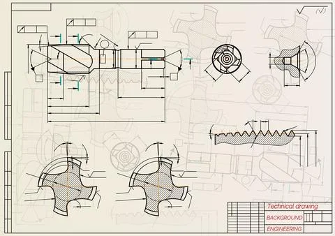 Mechanical engineering drawings on sepia background. Tap tools, borer. Technical Stock Illustration