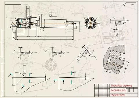 Mechanical engineering drawings on sepia background. Tap tools, borer. Technical Stock Illustration