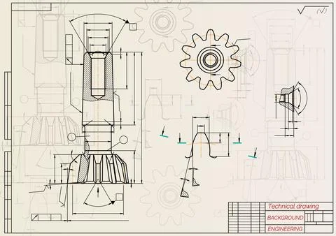 Mechanical engineering drawings on sepia background. Tap tools, borer. Technical Stock Illustration