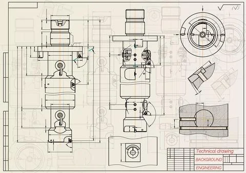 Mechanical engineering drawings on sepia background. Tap tools, borer. Technical Illustrazione stock