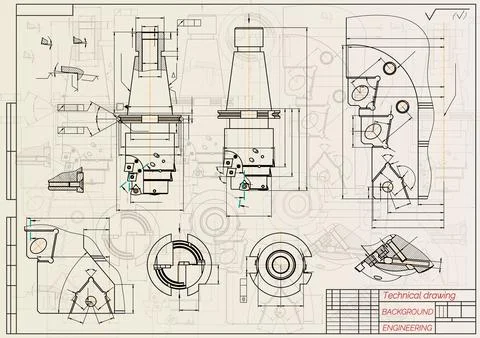 Mechanical engineering drawings on sepia background. Tap tools, borer. Technical Stock Illustration