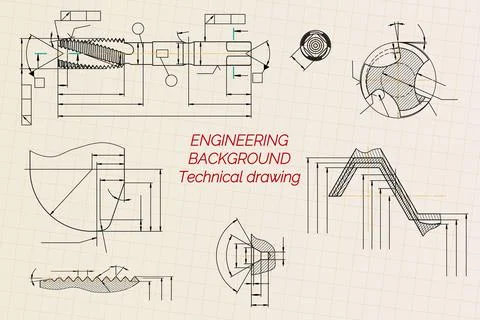 Mechanical engineering drawings on sepia background. Tap tools, borer. Technical Stock Illustration