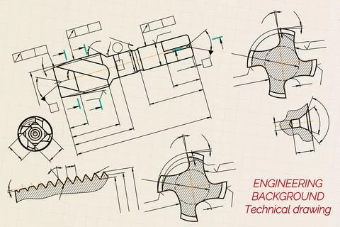 Mechanical engineering drawings on sepia background. Tap tools, borer. Technical Illustrazione stock