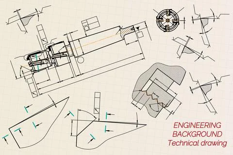 Mechanical engineering drawings on sepia background. Tap tools, borer. Technical Illustrazione stock