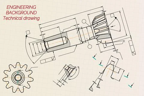 Mechanical engineering drawings on sepia background. Tap tools, borer. Technical Stock Illustration