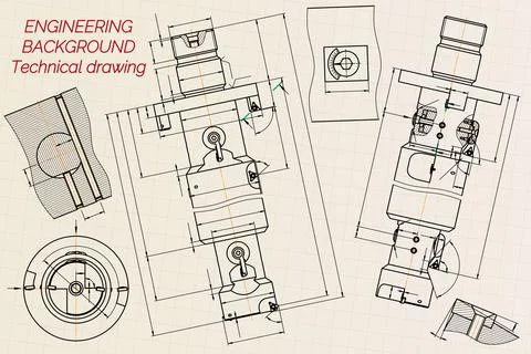 Mechanical engineering drawings on sepia background. Tap tools, borer. Technical Stock Illustration