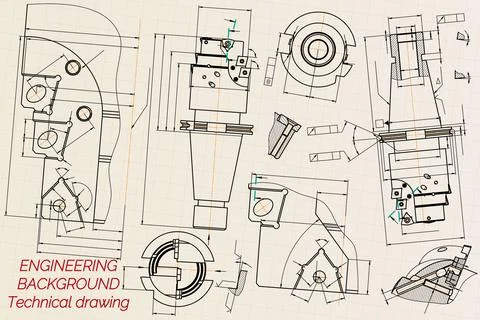 Mechanical engineering drawings on sepia background. Tap tools, borer. Technical Stock Illustration