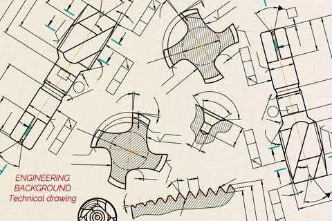 Mechanical engineering drawings on sepia background. Tap tools, borer. Technical Illustrazione stock