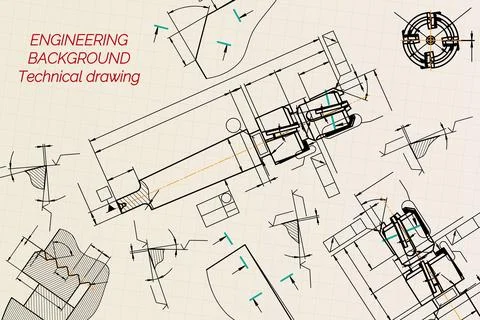Mechanical engineering drawings on sepia background. Tap tools, borer. Technical Stock Illustration