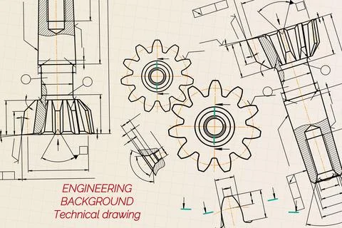 Mechanical engineering drawings on sepia background. Tap tools, borer. Technical Stock Illustration