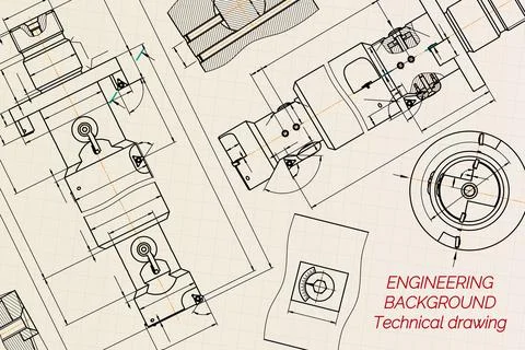 Mechanical engineering drawings on sepia background. Tap tools, borer. Technical Stock Illustration