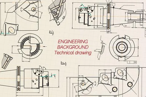 Mechanical engineering drawings on sepia background. Tap tools, borer. Technical Stock Illustration