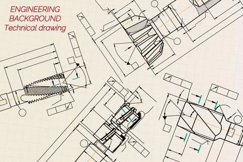 Mechanical engineering drawings on sepia background. Tap tools, borer. Technical Stock Illustration