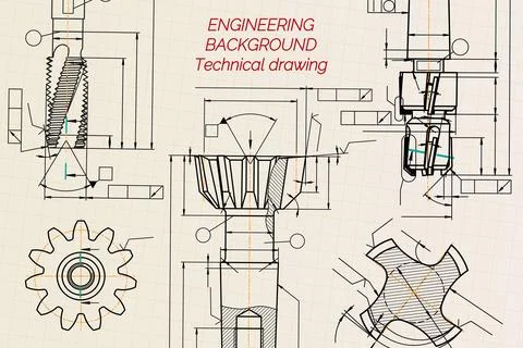 Mechanical engineering drawings on sepia background. Tap tools, borer. Technical Stock Illustration