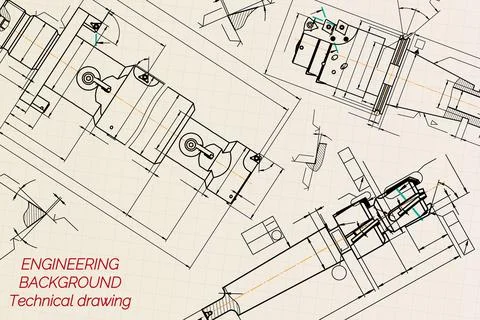 Mechanical engineering drawings on sepia background. Tap tools, borer. Technical Stock Illustration