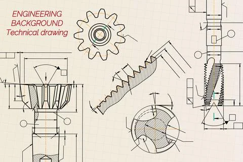 Mechanical engineering drawings on sepia background. Tap tools, borer. Technical Stock Illustration