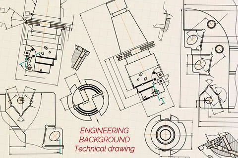 Mechanical engineering drawings on sepia background. Tap tools, borer. Technical Stock Illustration
