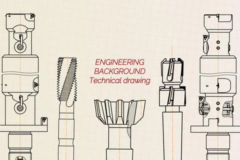 Mechanical engineering drawings on sepia background. Tap tools, borer. Technical Illustrazione stock