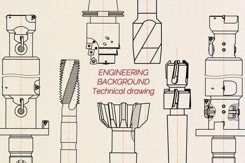 Mechanical engineering drawings on sepia background. Tap tools, borer. Technical Illustrazione stock