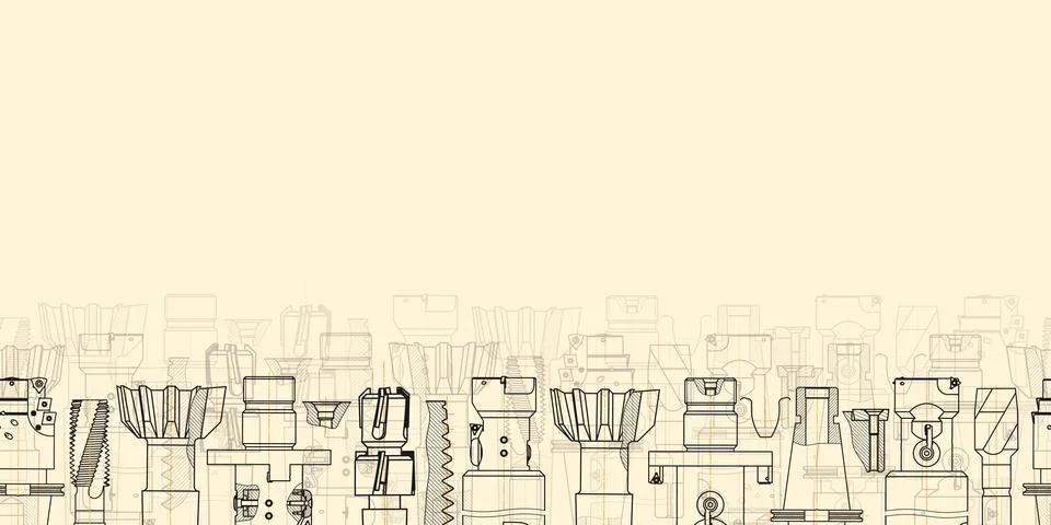 Mechanical engineering drawings on sepia background. Tap tools, borer. Technical Stock Illustration
